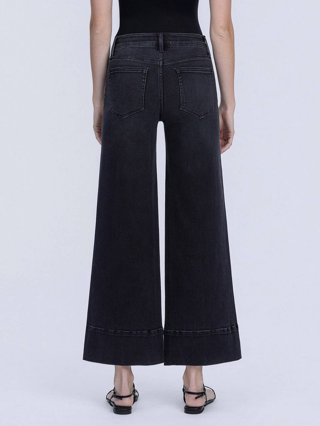 High Rise Patch Pocket Pin Tuck Black Wide Leg Jeans