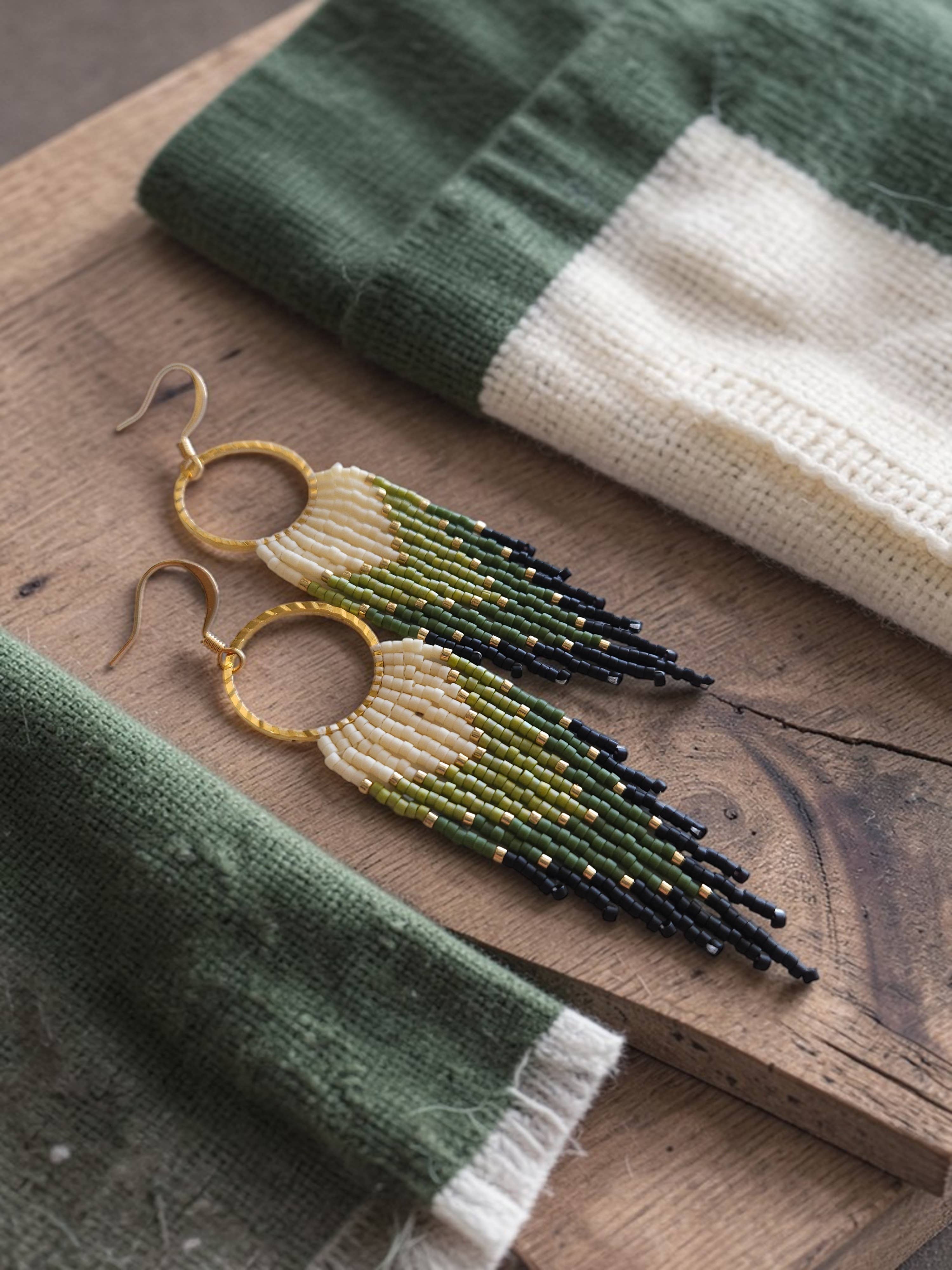 Handwoven Green Fringe Hoop Earrings